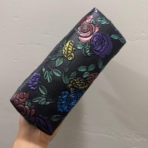Embossed Rose Genuine Leather Handmade Wooden Frame Clutch/Wristlet /Crossbody